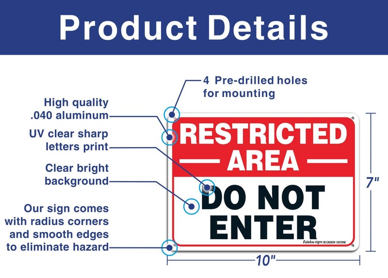 Faittoo Restricted Area Sign, Do Not Enter Signs Metal, 2 Pack, 10 x 7 inch .40 Rust Free Aluminum, UV Protected, Weather Resistant, Waterproof, Durable Ink, Easy to install - Image 2